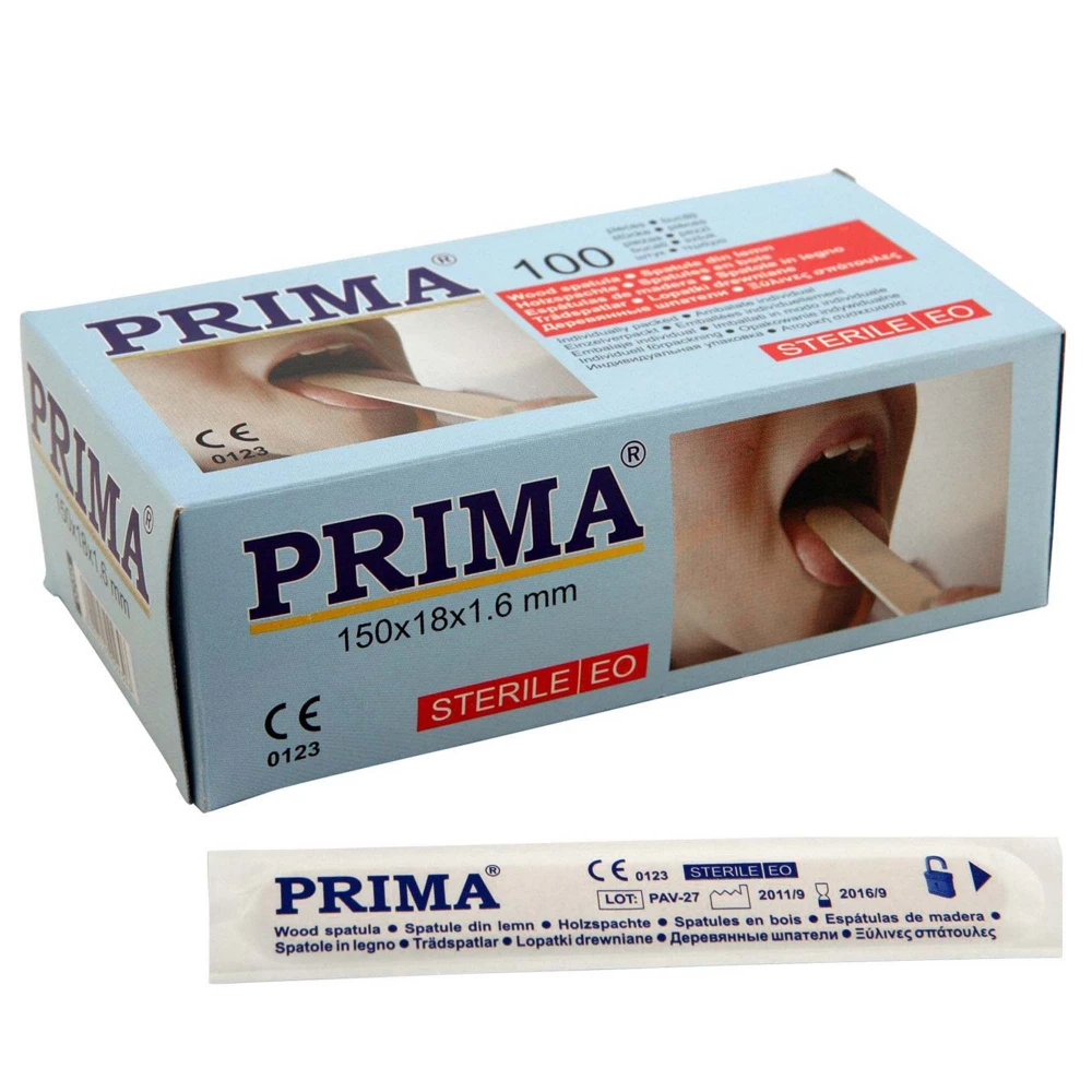 Spatule linguale sterile PRIMA, apasatoare de lemn, 15x1.8 cm, 100 bucati